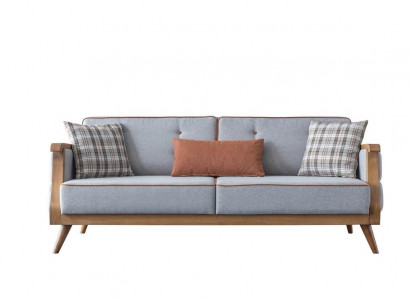 Blue fabric sofa, living room, three-seater, upholstery, furniture, wooden frame, couch